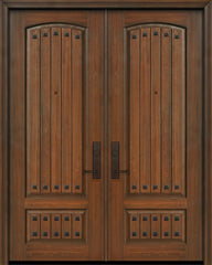 WDMA 64x96 Door (5ft4in by 8ft) Exterior Cherry IMPACT | 96in Double 2 Panel Arch V-Grooved or Knotty Alder Door with Clavos 1